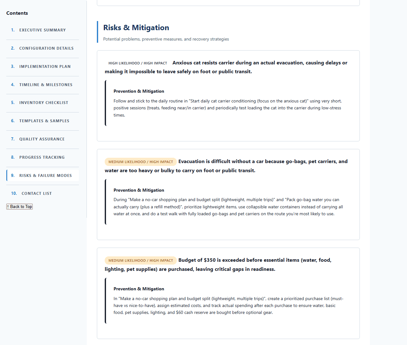 Example blueprint section with detailed recommendations